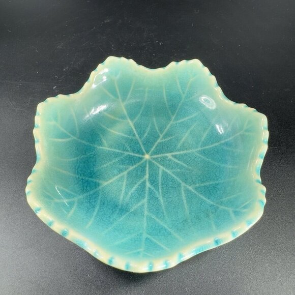 Vintage Japanese Ceramic Leaf Dish Plate Turquoise Crackle Glaze Spoon Rest VTG - Picture 8 of 12